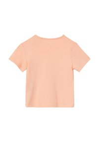Pfirsichfarbene Baumwoll-T-Shirt, kurze Ärmel, runder Halsausschnitt, glatte Textur, schlichtes Design, keine sichtbaren Grafiken oder Muster, sauberer Saum.