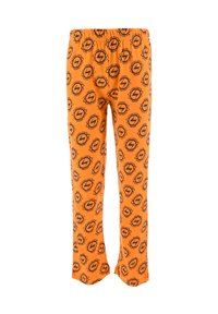 Orange pajama pants with an elastic waistband, featuring a repeated black lightning bolt pattern within circular outlines.