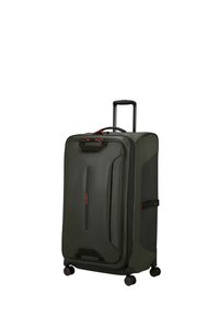 Großer dunkelgrüner Koffer mit strukturiertem Finish, schwarzen Akzenten, ausziehbarem Griff und vier Rädern für einfache Mobilität.