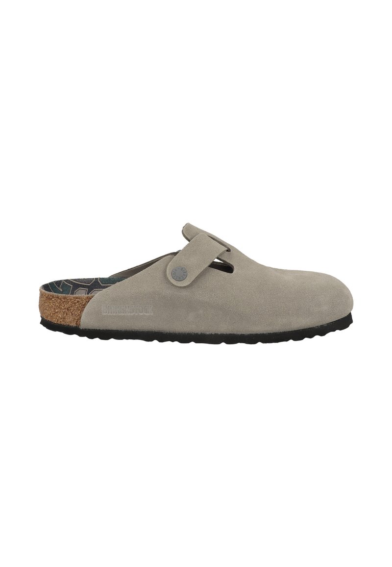 Gray suede clogs with a cork accent. Features a front strap and patterned insole. Textured rubber sole for grip and durability.