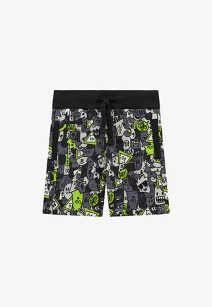 Bermude s višebojnim crtanjem u sivoj, crnoj i svijetloj zelenoj boji, s elastičnom trakom u struku i bočnim džepovima.