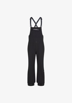 Pantalones de esquí impermeables negros con tirantes ajustables a rayas, bolsillo frontal, rodillas reforzadas y puños elásticos. Cuenta con múltiples bolsillos de utilidad.