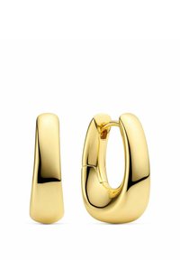 Guldörhängen med en glatt, reflekterande yta; en är i rundad oval form, den andra har en smal, avlång design.