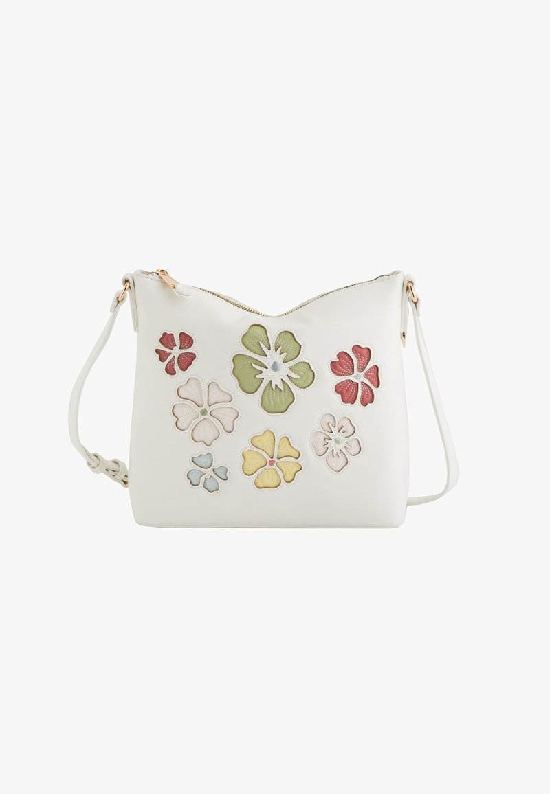 White leather handbag with floral embroidery in pink, yellow, green, and blue hues, featuring a zip closure and adjustable strap.
