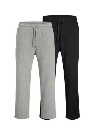 Two pairs of sweatpants: one gray and one black. Made of soft fabric, featuring elastic waistbands with drawstrings and side pockets.