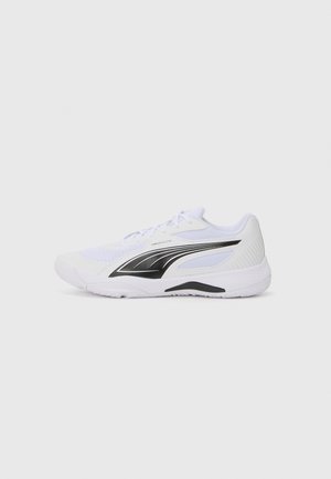 White athletic shoe with a mesh upper, black accents, and a textured sole. Features a lace-up design and a streamlined silhouette.