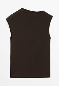 Ærmeløs sort top med rund halsudskæring, fladt lagt på en hvid baggrund, der viser bagsiden.