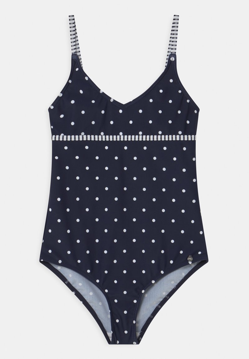 Navyblauer Badeanzug mit weißen Punkten, gestreiften Trägern und einem strukturierten Band an der Taille. Glatte Stoffoberfläche.