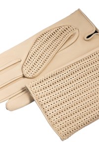 Beige leather gloves featuring a perforated design on the backhand and a smooth palm. Includes detailed stitching and an elegant silhouette.
