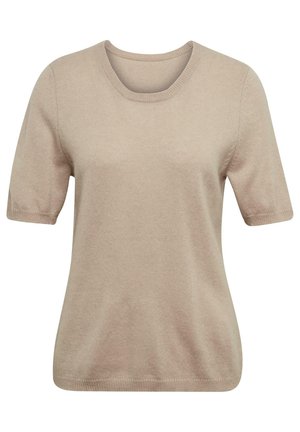 Beige korte mouwen gebreide trui met een ronde halslijn en een gladde textuur. Heeft geribbelde details bij de halslijn en de mouwomslagen.