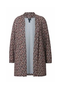 Blazer de frente abierto con estampado de leopardo, de manga larga y con cuello de muesca, en tonos de marrón, negro y beige.