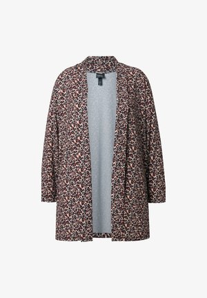 Jakken med leopardprint har åben front, lange ærmer og klapkrave, i nuancer af brun, sort og beige.