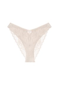 Koronkowe stringi w jasnym beżu z kwiatowymi wzorami i falbaniastymi krawędziami. Posiadają przezroczysty materiał i trójkątny kształt.