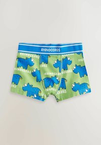 Grønne bomulds boxer shorts med blå næsehornsmønstre, hvide accenter og en blå elastisk talje, der er mærket "NÆSEHORN."