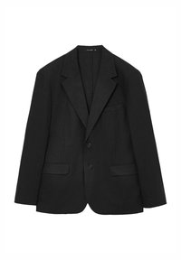 Black blazer made of textured fabric, featuring a notch lapel, two front pockets, and two buttons centered on the front.
