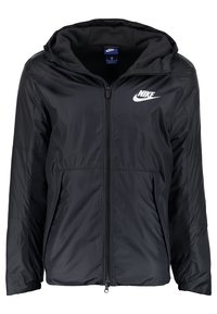 Svart Nike-jacka med huva, med dragkedjestängning, slät yta, mjukt foder och en vit logotyp på vänster bröst. Dubbel framficka.