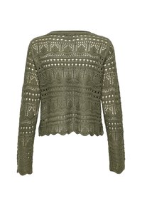 Olivově zelený pletený svetr s cropped designem, strukturovaným vzorem s otevřenou úpletovou texturou, dlouhými rukávy a zvlněným lemem. Zobrazeno zezadu.