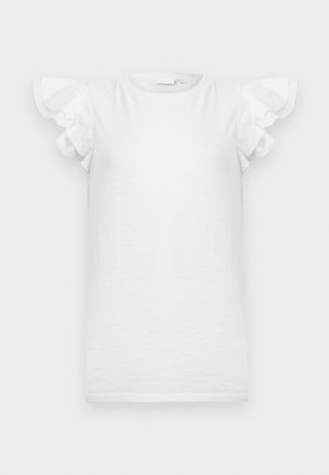 White short dress with ruffled eyelet flutter sleeves and a round neckline, displayed on a plain background.