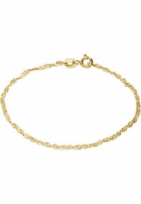 Bracciale in oro con maglie intrecciate, dotato di chiusura a moschettone. Texture liscia con finitura lucida.