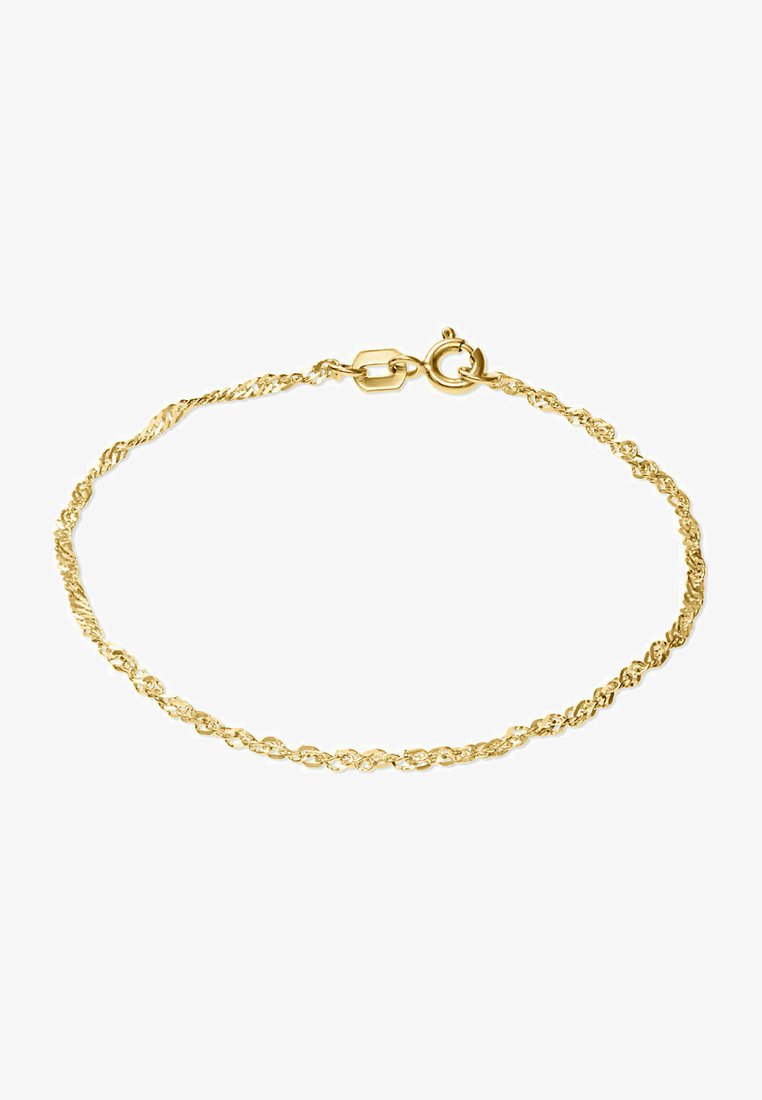 Bracciale in oro con maglie intrecciate, dotato di chiusura a moschettone. Texture liscia con finitura lucida.