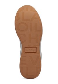 Sole di scarpa in gomma marrone con motivo di grip testurizzato. Presenta il nome del marchio e gli elementi di design in rilievo, bordi lisci e logo integrato.