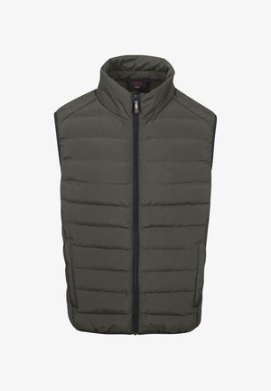 Gepolsterte ärmellose Weste in Dunkelgrün mit hohem Kragen und frontalem Reißverschluss, horizontal gestepptem Design und seitlichen Taschen.