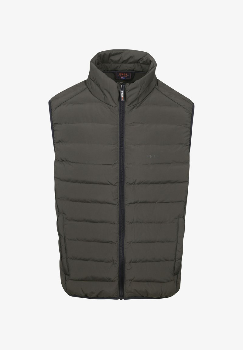 Gewatteerde mouwloze vest in donkergroen, met een hoge kraag en rits aan de voorkant, met horizontaal gestikt ontwerp en zijzakken.