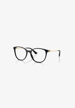 Sorte oversized briller med en blank finish, guldaccenter på stængerne og en karakteristisk cat-eye form. Gennemsigtige linser.