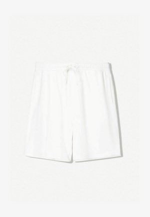 Fehér, könnyű anyagból készült rövidnadrág, rugalmas derékkal és zsinórral, valamint oldalsó zsebekkel. Simaság jellemzi, minta nélkül.