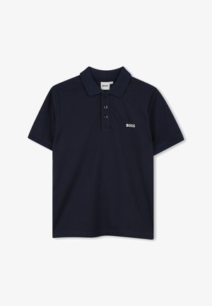 Marineblauwe polo shirt van katoen, met een kraag, knoopsluiting met drie knopen en een klein wit "BOSS" logo op de borst.
