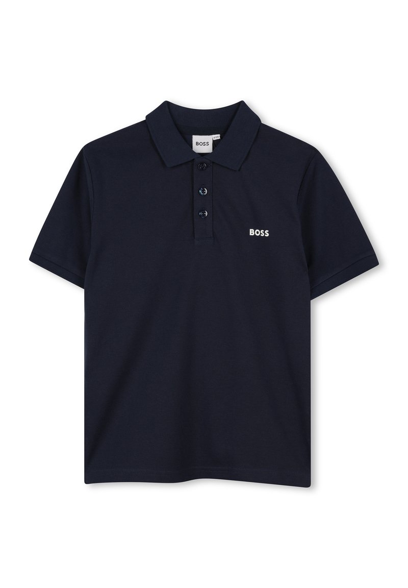 Polo shirt bleu marine en coton, avec un col, une patte de boutonnage à trois boutons et un petit logo blanc "BOSS" sur la poitrine.