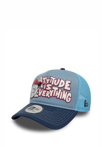 Light blue trucker cap with red accents, featuring a graphic print that reads "Attitude is Everything" and a character illustration on the front.