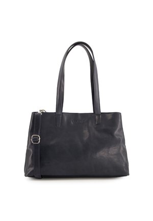 Navyblaue Leder-Tote mit zwei stabilen Griffen, einem abnehmbaren Schultergurt und dezenten Logodetails auf der Vorderseite.