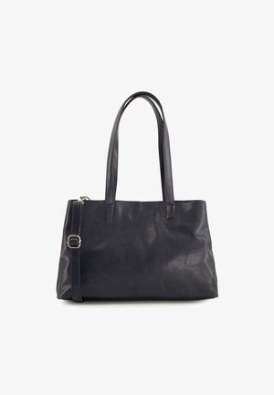Navyblaue Leder-Tote mit zwei stabilen Griffen, einem abnehmbaren Schultergurt und dezenten Logodetails auf der Vorderseite.