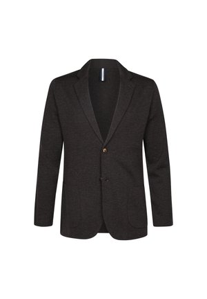 Getextureerde donkerbruine blazer met een ingezette revers, twee voorzakken, sluiting met één knoop en een getailleerde pasvorm.