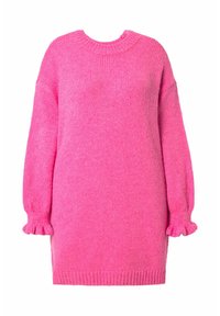 Př oversized růžový pletený svetr s dlouhými rukávy, ribbovaným výstřihem a rozšířenými manžetami, který se vyznačuje měkkou texturou a uvolněným střihem.