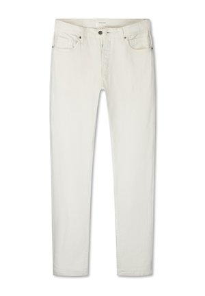 White denim jeans with a straight leg design, five pockets, and a button closure. Features a smooth texture and subtle stitch detailing.