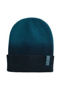 Kötött sapka színátmenettel, amely a tetején türkizkék, az alján pedig sötét tengerészkék. Bordázott textúrával rendelkezik, és egy hímzett logó címkével van ellátva.