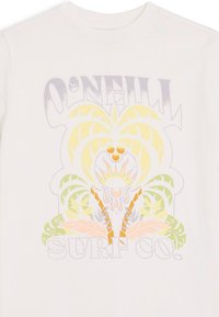 Kerman t-paita, jossa on värikäs trooppinen grafiikka, jossa on keltaisia, vihreitä, vaaleanpunaisia ja harmaita yksityiskohtia. Teksti "O'NEILL SURF CO." mukana.