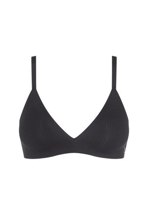 Soutien-gorge noir sans coutures avec fines bretelles et lignes courbes texturées, conçu pour le confort et un maintien minimal.