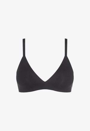 Soutien-gorge noir sans coutures avec fines bretelles et lignes courbes texturées, conçu pour le confort et un maintien minimal.