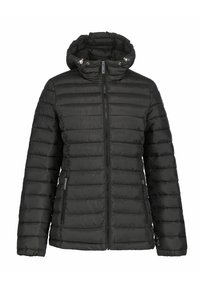 Schwarze Daunenjacke mit hohem Kragen, Reißverschluss, zwei Seitentaschen und Kapuze, mit einem gesteppten Muster zur Isolierung.