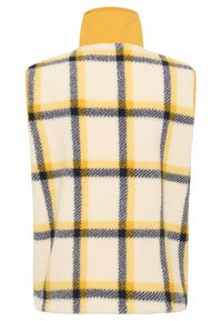 Gilet in fleece con colletto alto, caratterizzato da uno sfondo crema e un motivo a quadri giallo e blu navy. Texture morbida, design casual.