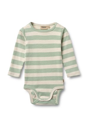 Body de manga larga a rayas verde claro y crema en algodón suave. Cuenta con botones a presión en el hombro y las aberturas de las piernas para facilitar el vestir.