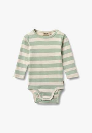 Dlouhý rukávový body s pruhy světle zelené a krémové barvy, vyrobený z měkké bavlny. Má cvočky na rameni a nohavičkách pro snadné oblékání.