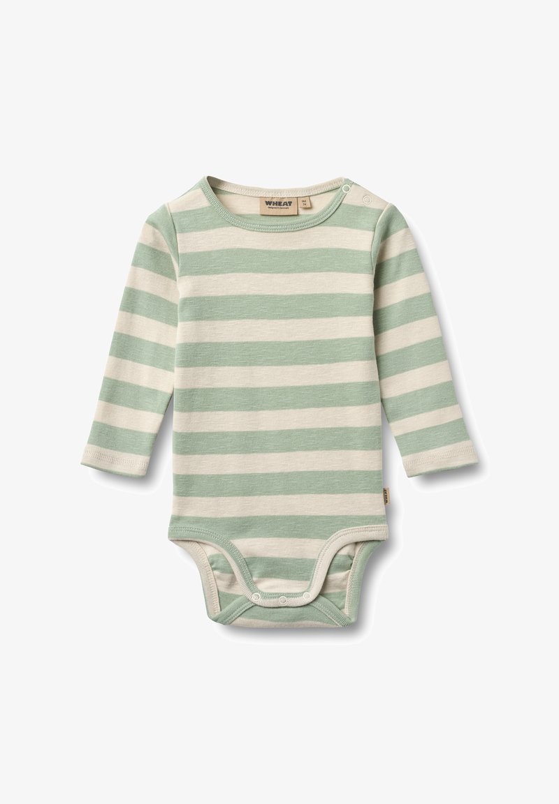 Body en coton doux à manches longues, rayé vert clair et crème. Doté de boutons-pression aux épaules et à l'ouverture des jambes pour un habillage facile.
