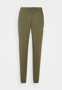 Olijfgroene tapered sweatpants met elastische tailleband, trekkoord, ribgebreide boorden en een klein wit logo op de bovenste linkerdij.