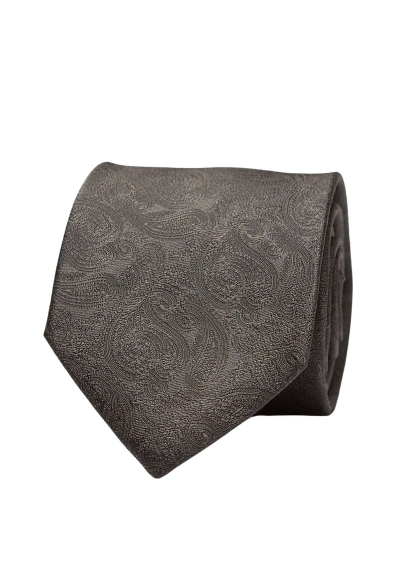 Texturerad grå slips med ett paisleymönster, med en slät finish och en traditionell avsmalnande ände. Insvept och snyggt vikt.