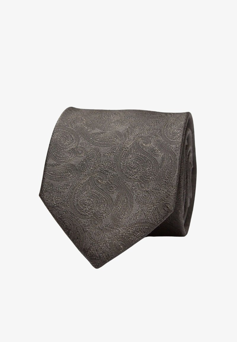 Harmaan sävyinen tekstiilitaita, jossa on paisley-kuvio, sileällä pinnalla ja perinteisellä suppiloidulla päätuella. Kääritty ja siististi taitettu.