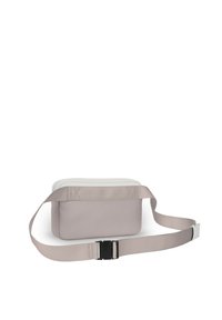 Borsa a spalla rettangolare in tessuto rosa chiaro con zip bianca nella parte superiore. Presenta una tracolla regolabile e una fibbia in plastica. Design minimalista.